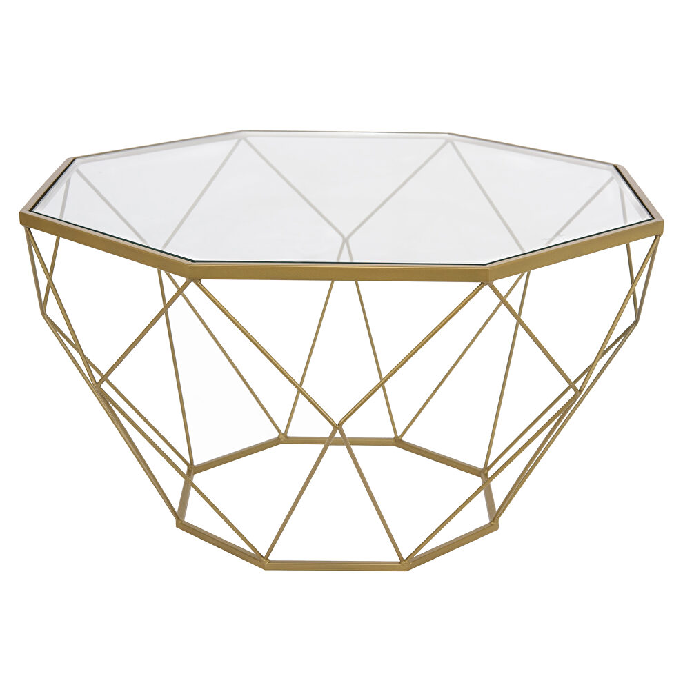 Tempered glass top and geometric gold metal base coffee table by Leisure Mod