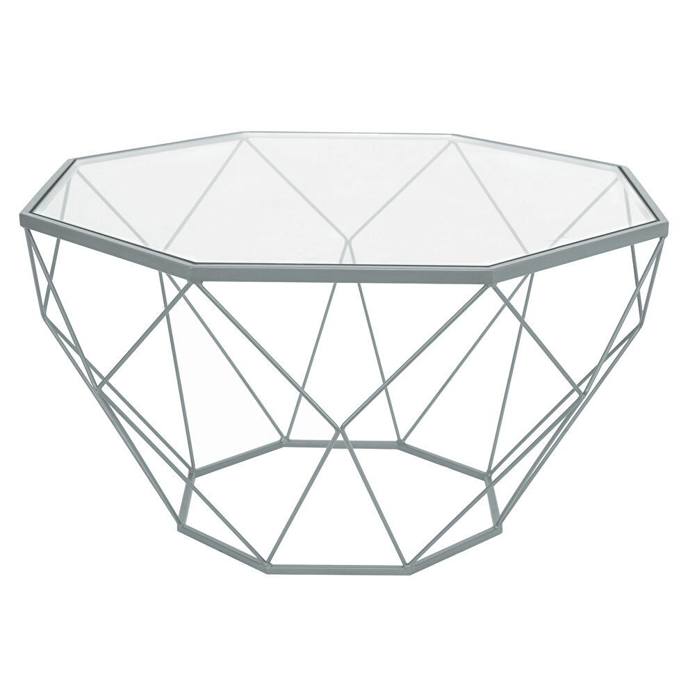 Tempered glass top and geometric gray metal base coffee table by Leisure Mod