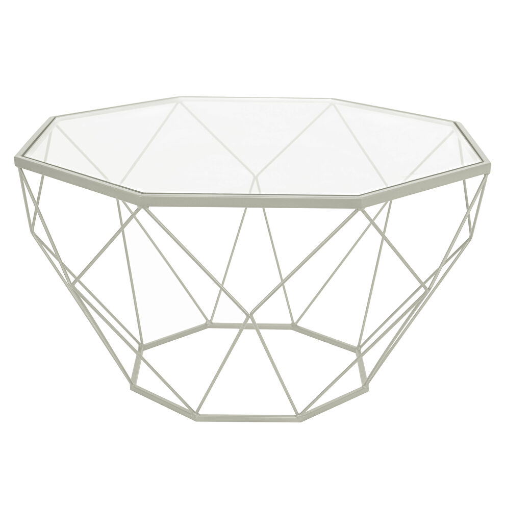 Tempered glass top and geometric white metal base coffee table by Leisure Mod