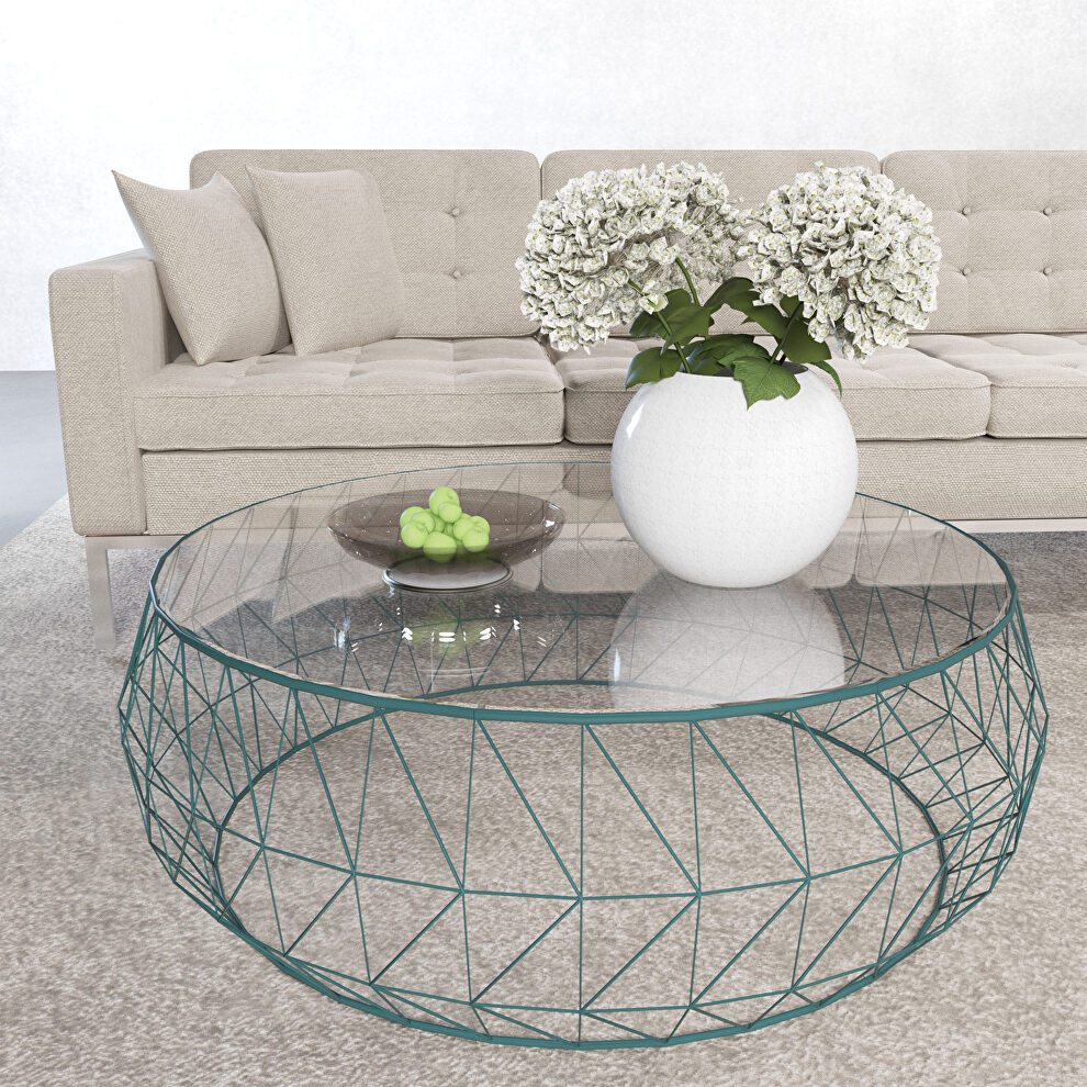 Tempered glass top and blue metal base coffee table by Leisure Mod