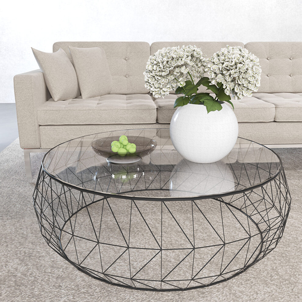 Tempered glass top and black metal base coffee table by Leisure Mod