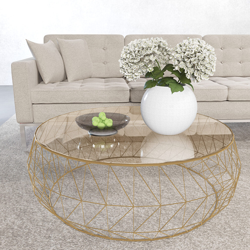 Tempered glass top and gold metal base coffee table by Leisure Mod
