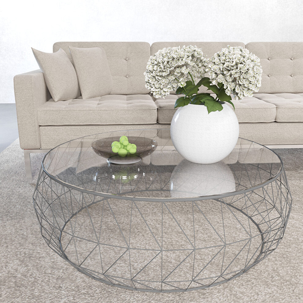Tempered glass top and gray metal base coffee table by Leisure Mod