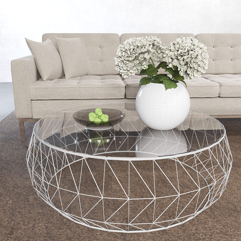 Tempered glass top and white metal base coffee table by Leisure Mod
