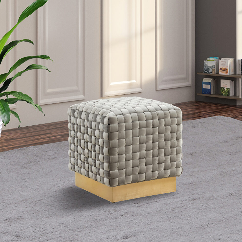 Light gray velvet modern square ottoman by Leisure Mod
