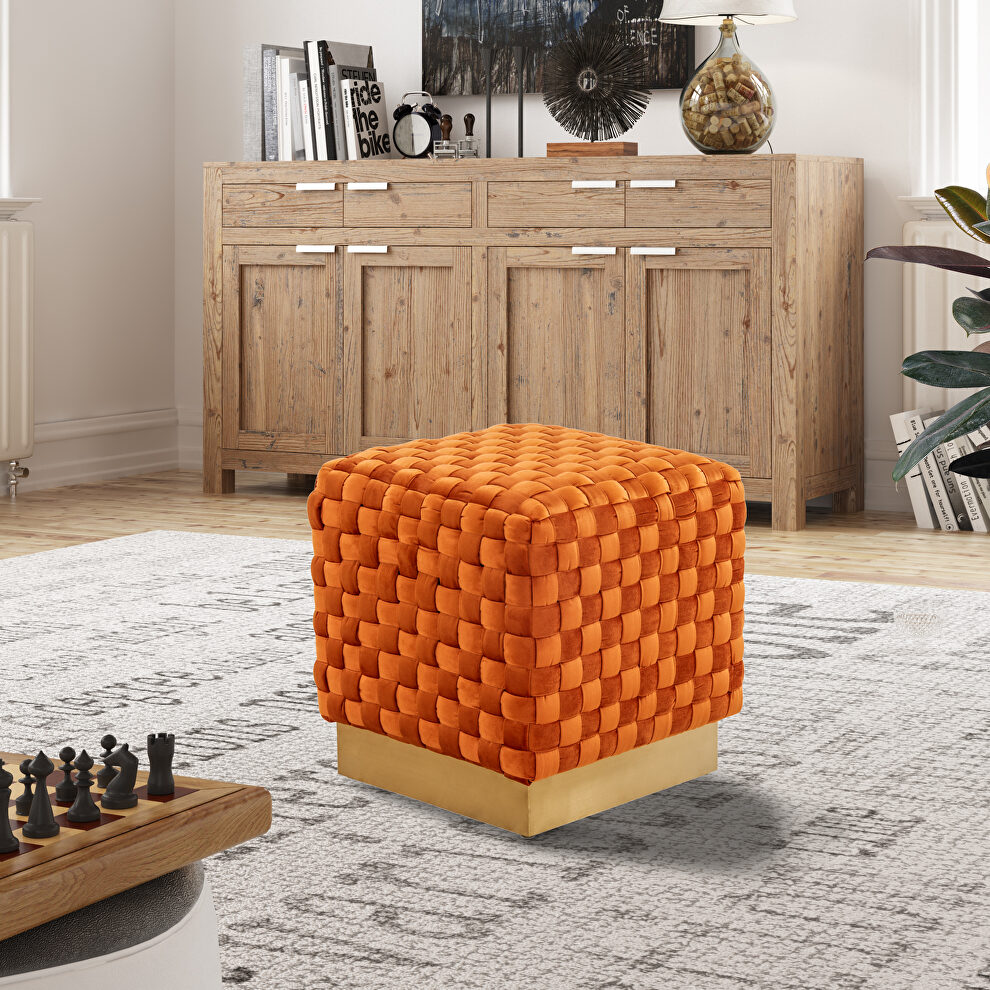 Orange marmalade velvet modern square ottoman by Leisure Mod