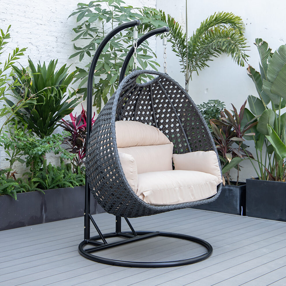 Beige cushion and charcoal wicker hanging 2 person egg swing chair by Leisure Mod