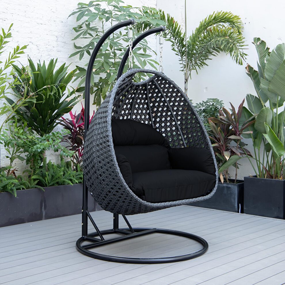 Black cushion and charcoal wicker hanging 2 person egg swing chair by Leisure Mod