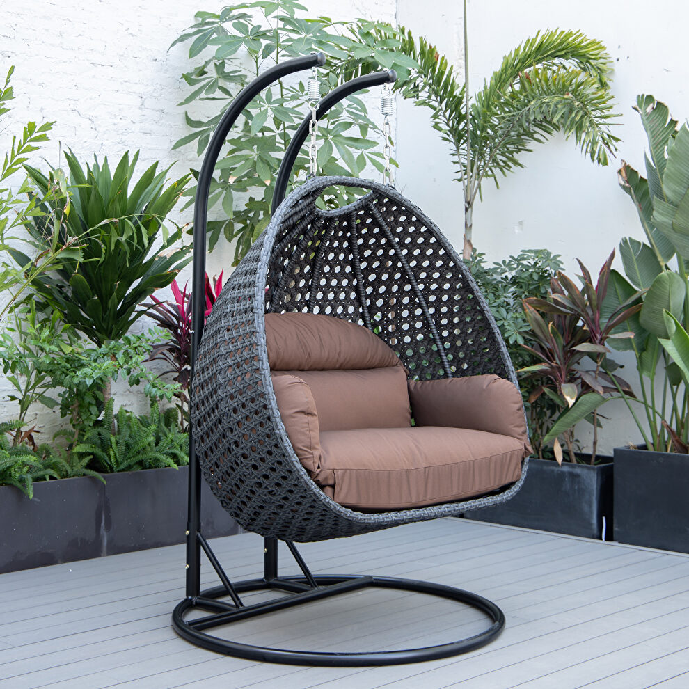 Brown cushion and charcoal wicker hanging 2 person egg swing chair by Leisure Mod
