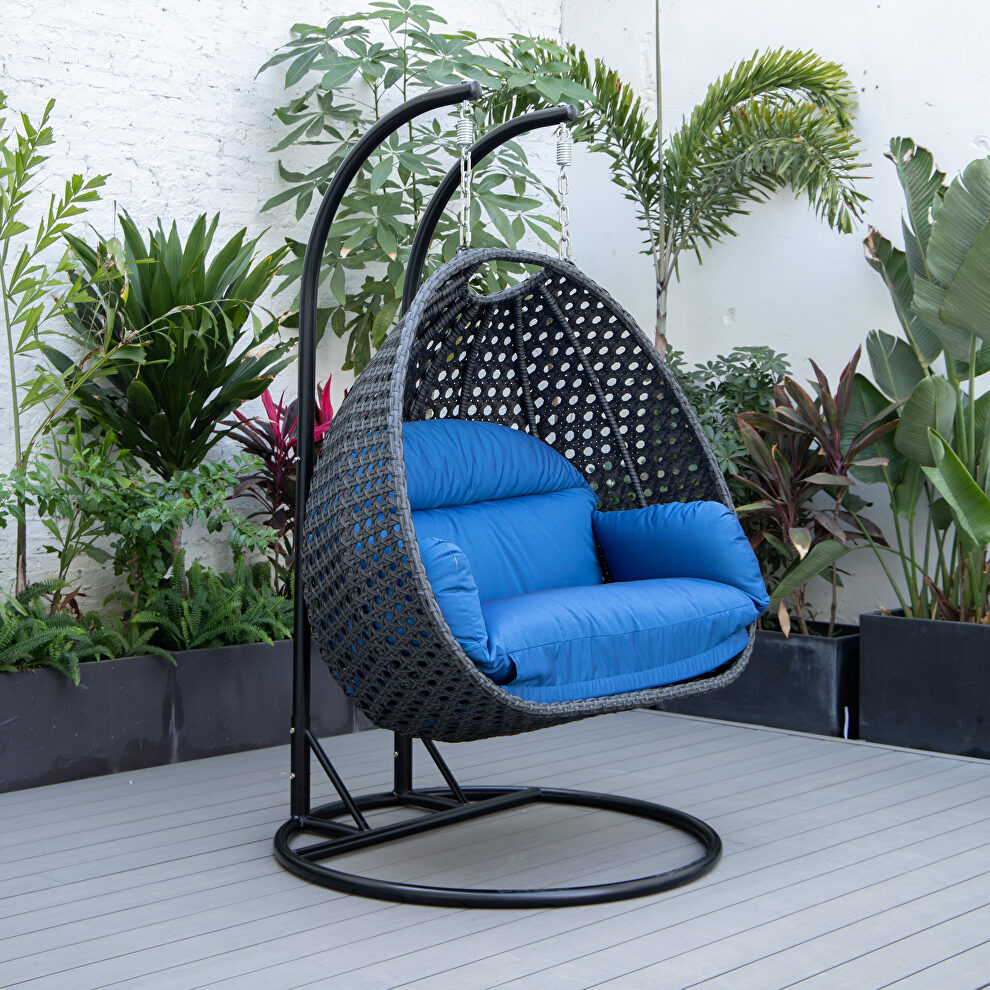 Blue cushion and charcoal wicker hanging 2 person egg swing chair by Leisure Mod