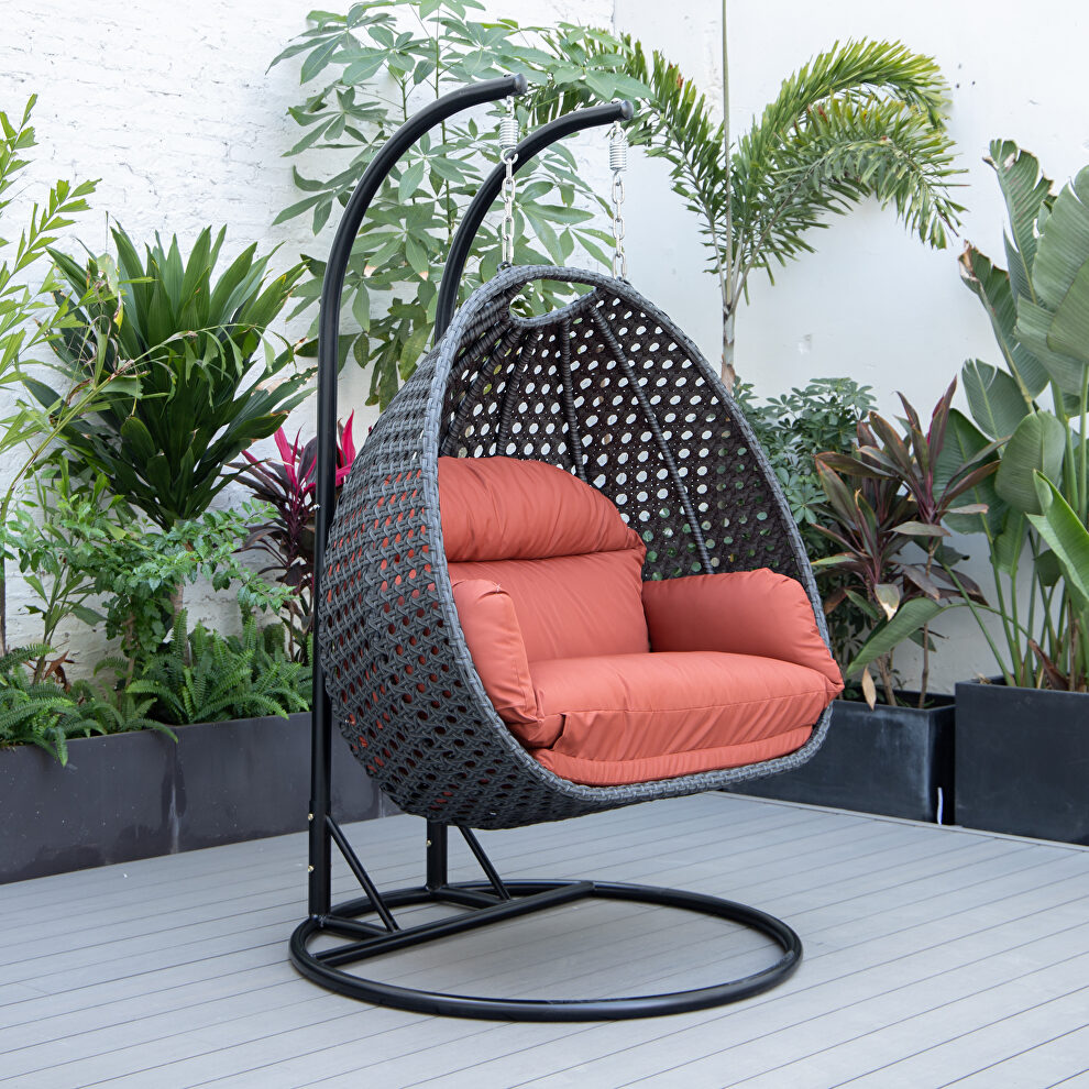Cherry cushion and charcoal wicker hanging 2 person egg swing chair by Leisure Mod