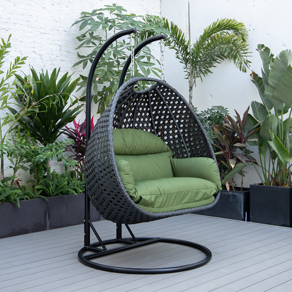 Dark green cushion and charcoal wicker hanging 2 person egg swing chair by Leisure Mod