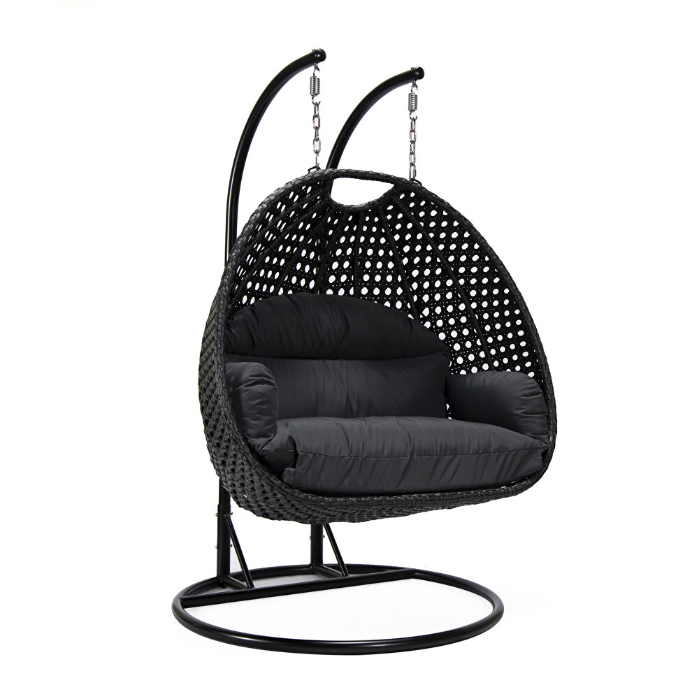 Dark gray cushion and charcoal wicker hanging 2 person egg swing chair by Leisure Mod