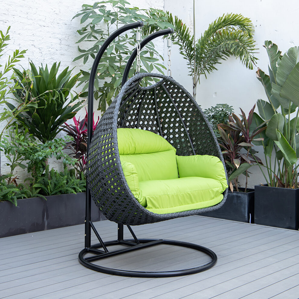 Light green cushion and charcoal wicker hanging 2 person egg swing chair by Leisure Mod
