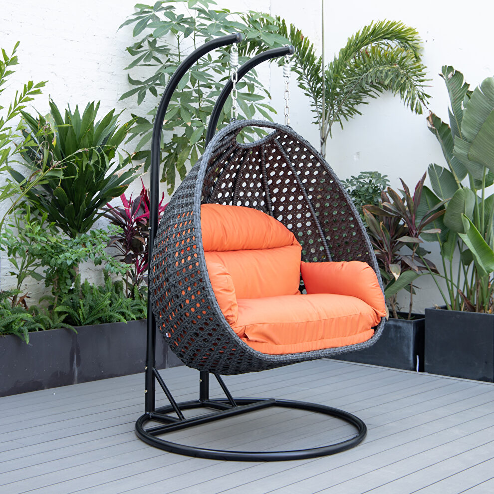 Orange cushion and charcoal wicker hanging 2 person egg swing chair by Leisure Mod