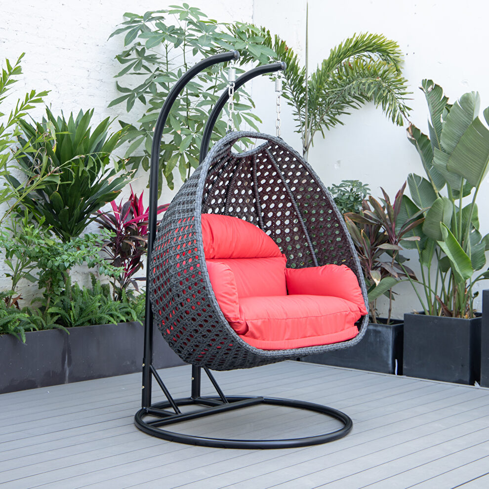 Red cushion and charcoal wicker hanging 2 person egg swing chair by Leisure Mod