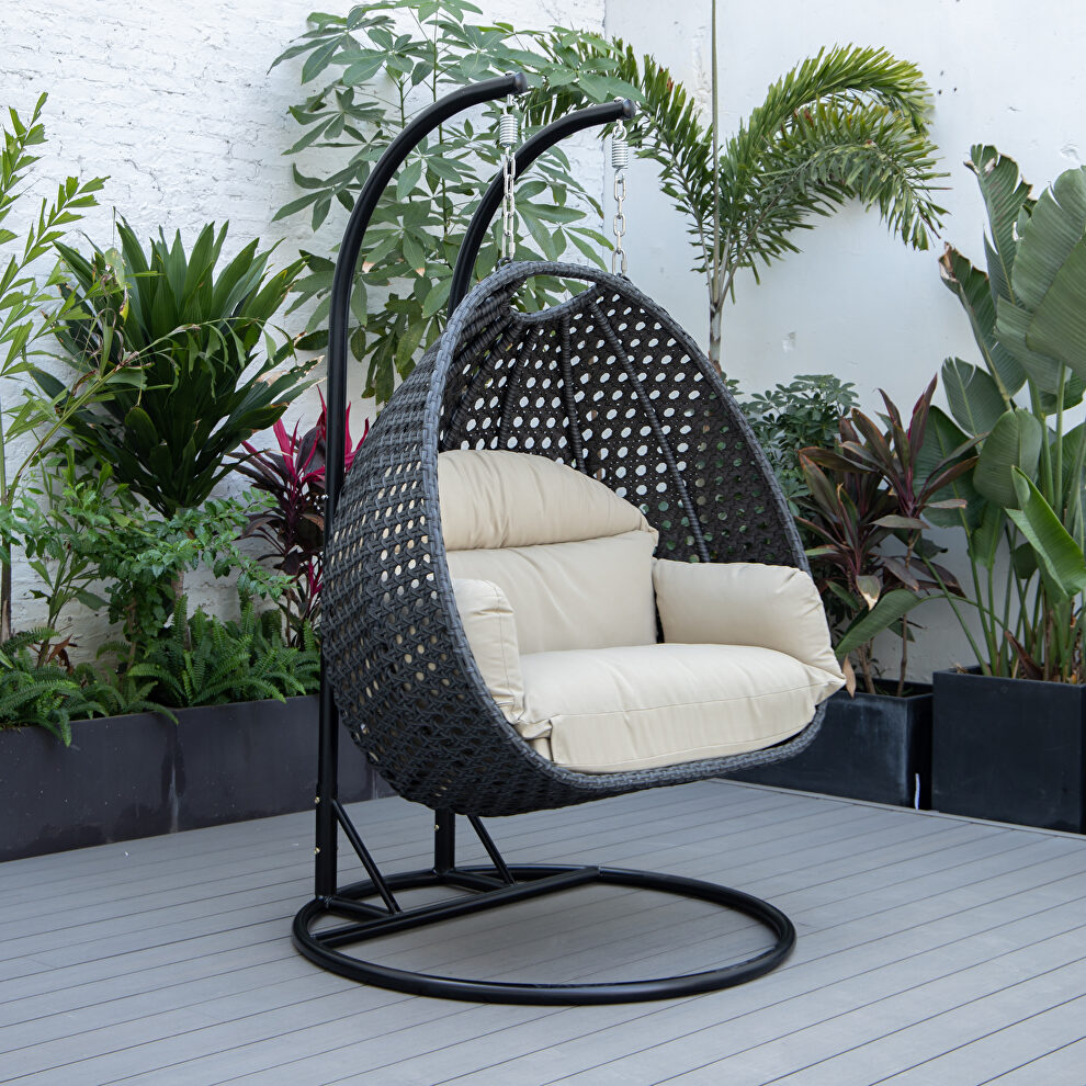 Taupe cushion and charcoal wicker hanging 2 person egg swing chair by Leisure Mod