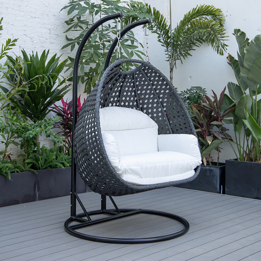 White cushion and charcoal wicker hanging 2 person egg swing chair by Leisure Mod
