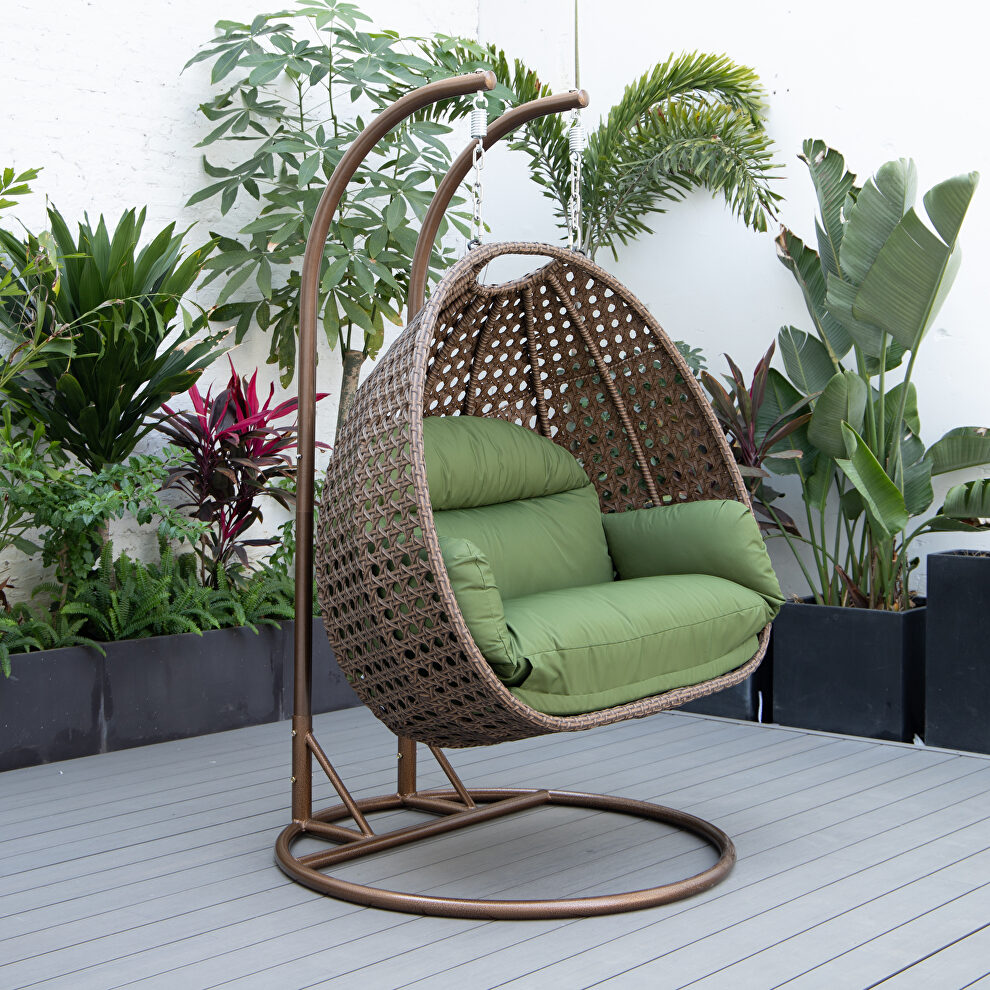 Dark green cushion and dark brown wicker hanging 2 person egg swing chair by Leisure Mod
