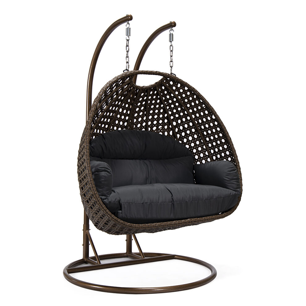 Dark gray cushion and dark brown wicker hanging 2 person egg swing chair by Leisure Mod