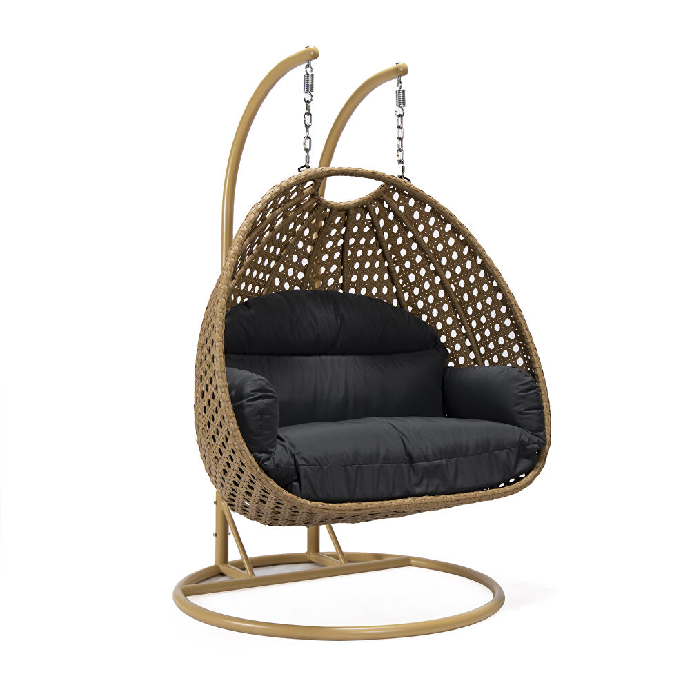 Dark gray cushion and light brown wicker hanging 2 person egg swing chair by Leisure Mod