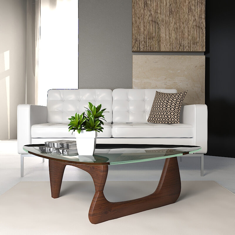 Tempered glass and dark walnut solid European hardwood frame coffee table by Leisure Mod