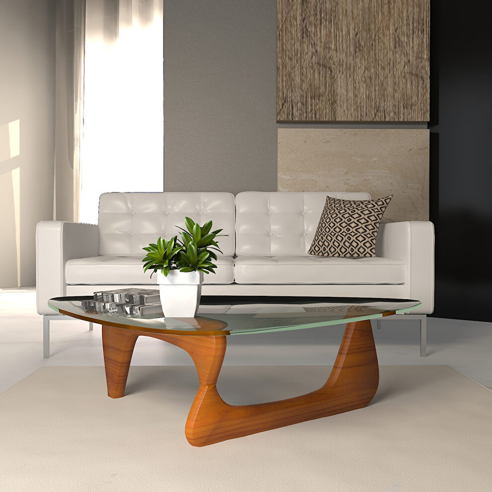 Tempered glass and light walnut solid European hardwood frame coffee table by Leisure Mod