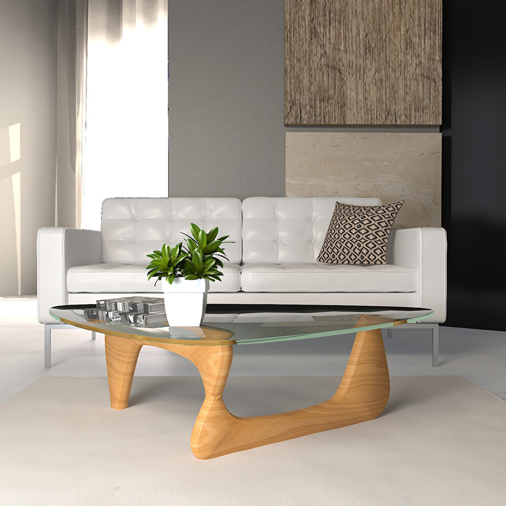 Tempered glass and natural solid European hardwood frame coffee table by Leisure Mod