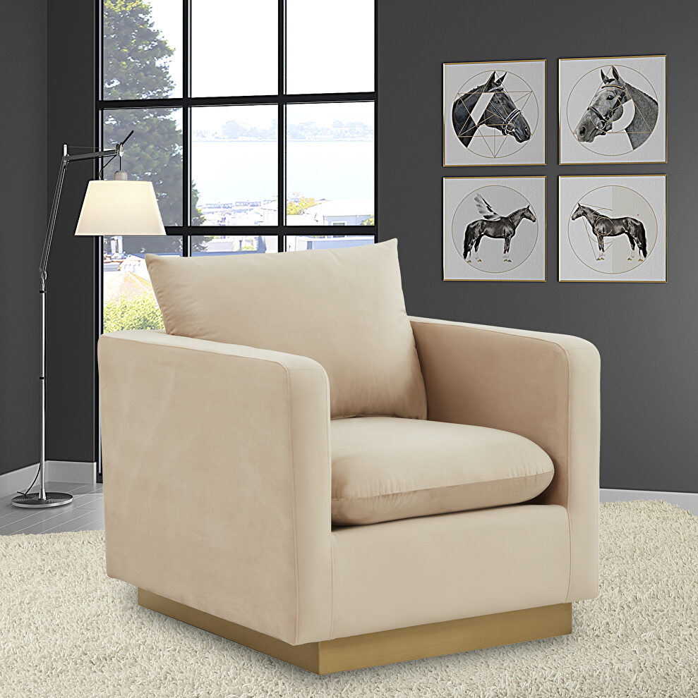 Beige velvet accent armchair with gold frame by Leisure Mod