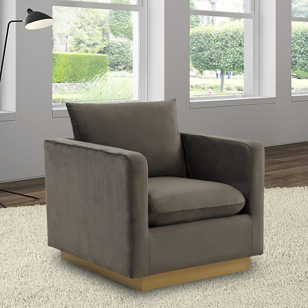 Dark gray velvet accent armchair w/ gold frame by Leisure Mod