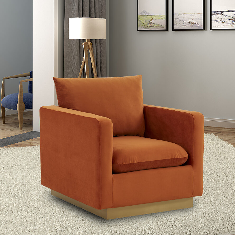 Orange velvet accent armchair w/ gold frame by Leisure Mod