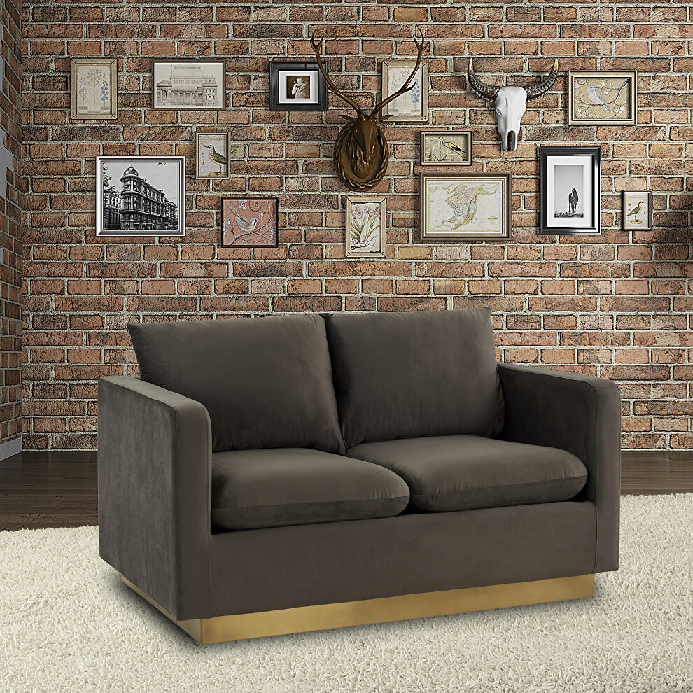 Modern style upholstered dark gray velvet loveseat with gold frame by Leisure Mod