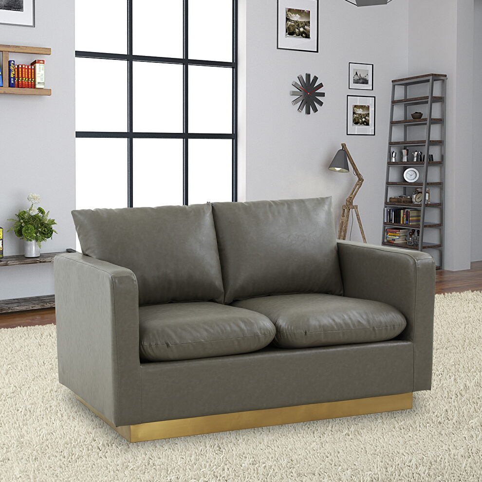 Modern style upholstered gray leather loveseat with gold frame by Leisure Mod