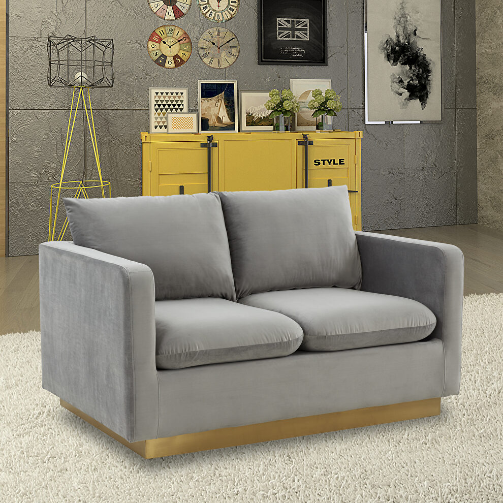 Modern style upholstered light gray velvet loveseat with gold frame by Leisure Mod
