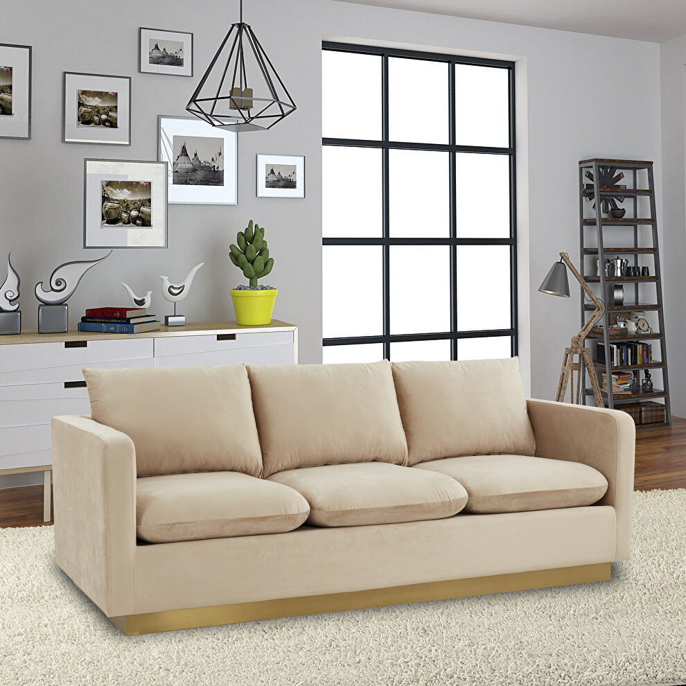 Modern style upholstered beige velvet sofa with gold frame by Leisure Mod