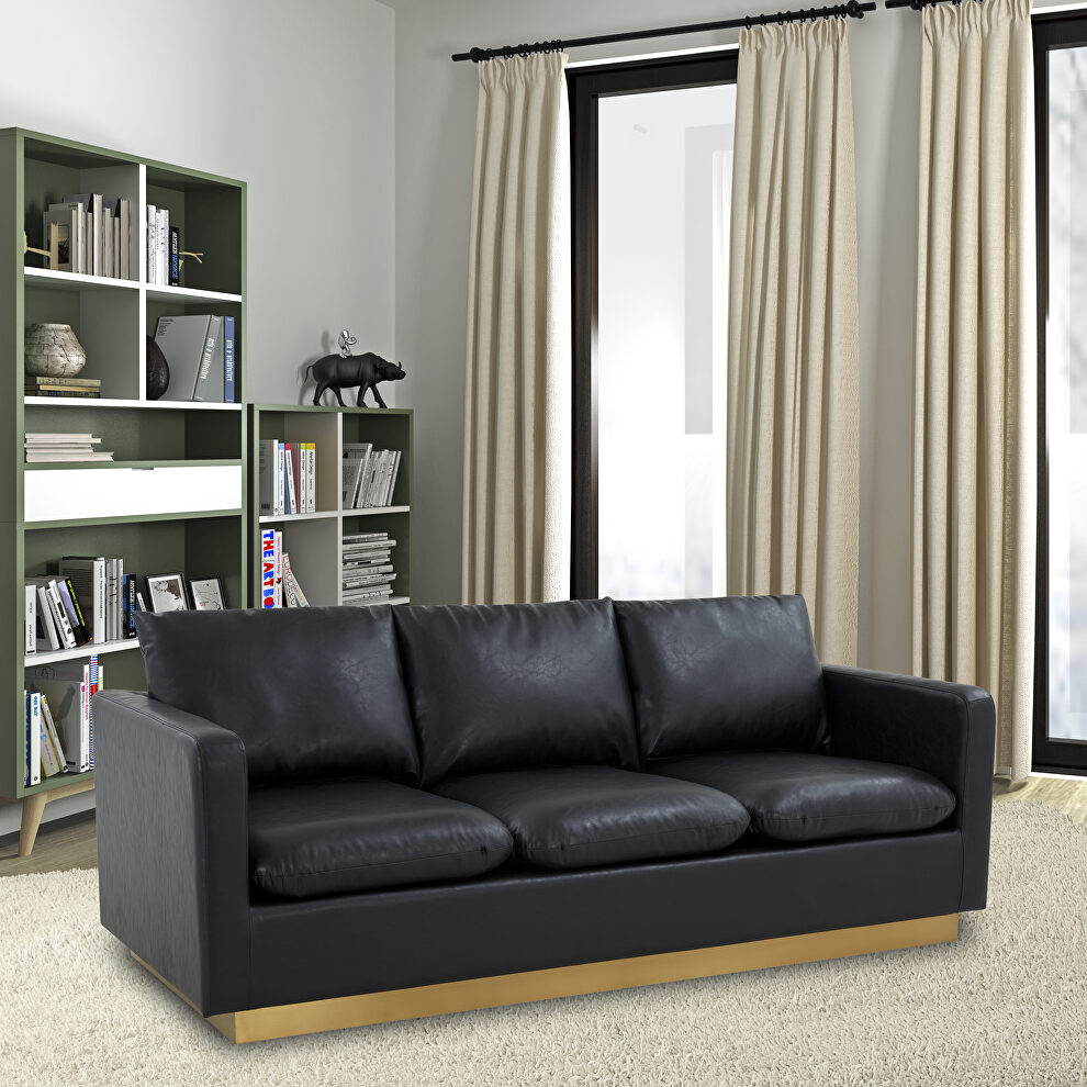 Modern style upholstered black leather sofa with gold frame by Leisure Mod