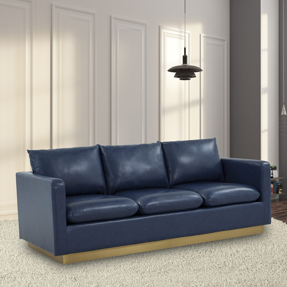 Modern style upholstered navy blue leather sofa with gold frame by Leisure Mod