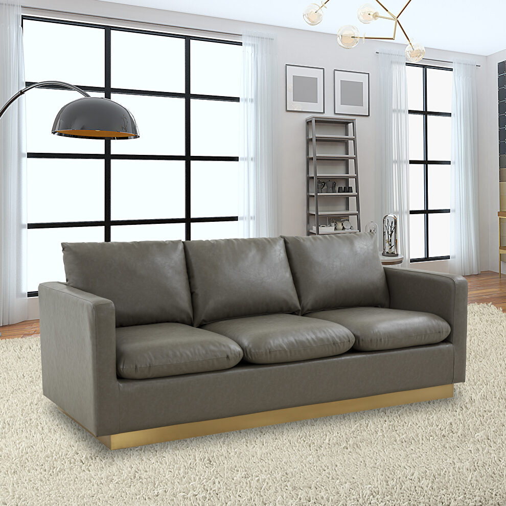 Modern style upholstered gray leather sofa with gold frame by Leisure Mod