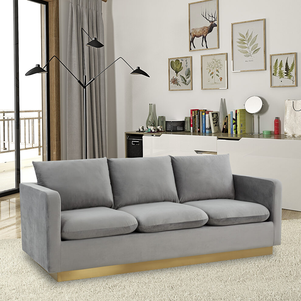 Modern style upholstered light gray velvet sofa with gold frame by Leisure Mod