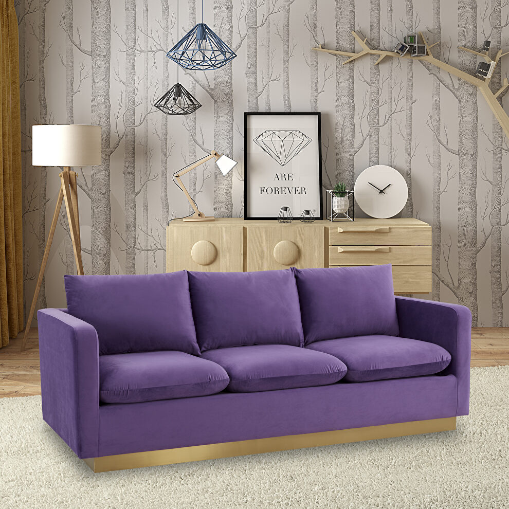Modern style upholstered purple velvet sofa with gold frame by Leisure Mod