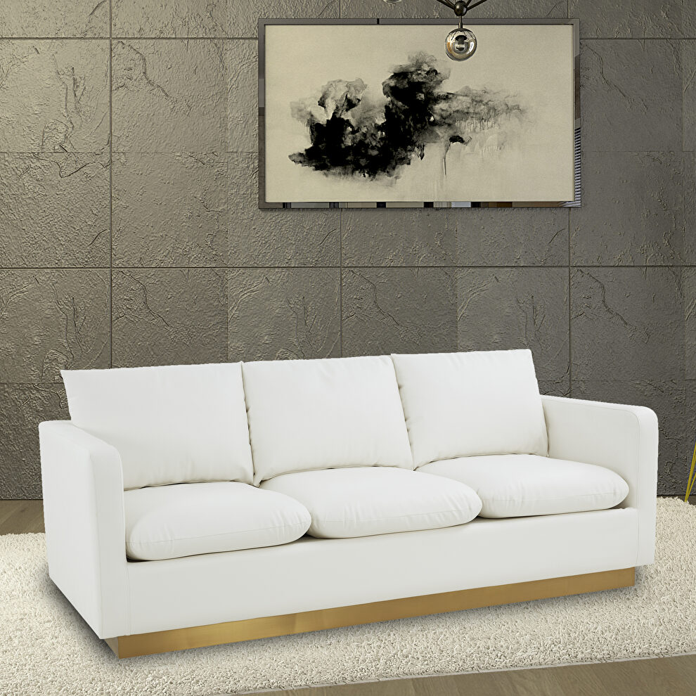 Modern style upholstered white leather sofa with gold frame by Leisure Mod