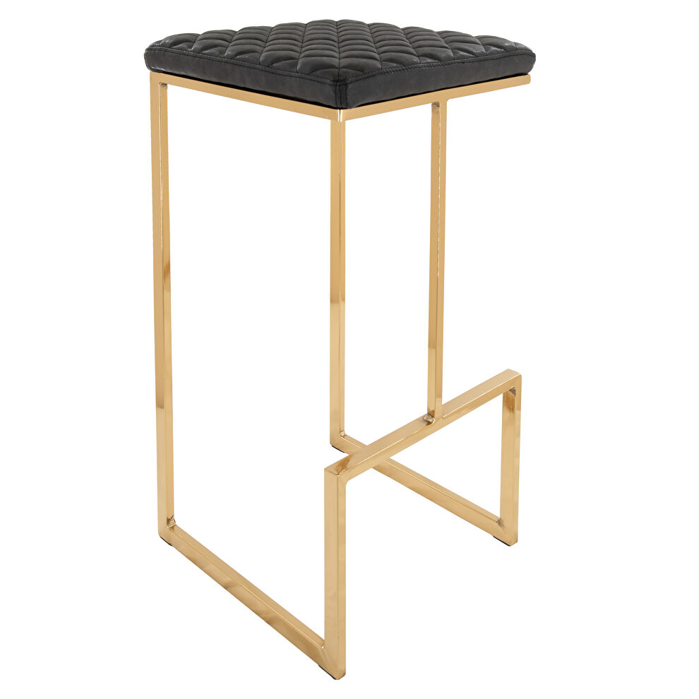 Charcoal black quilted stitched leather bar stools with gold metal frame by Leisure Mod