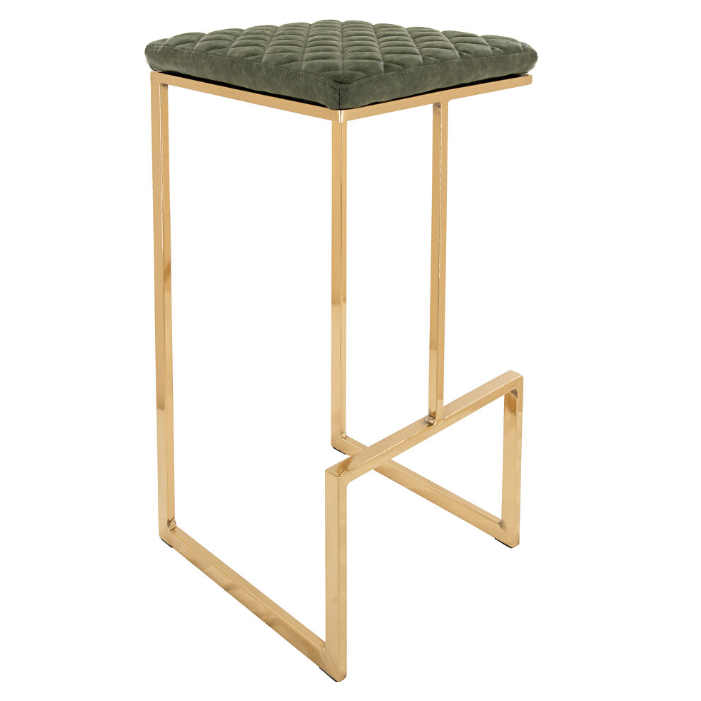 Olive green quilted stitched leather bar stools with gold metal frame by Leisure Mod