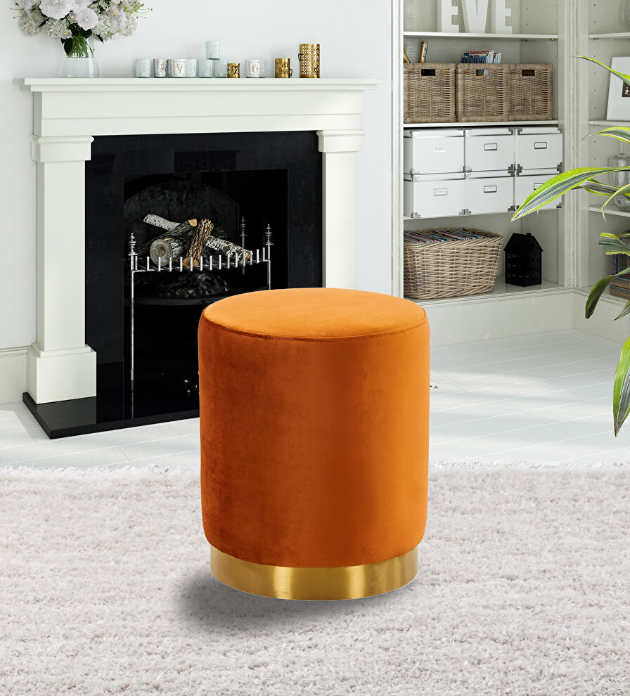 Orange marmalade sumptuous velvet upholstery modern round ottoman by Leisure Mod