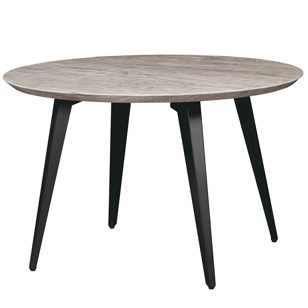 Sunbleached gray modern round wood dining table with metal legs by Leisure Mod