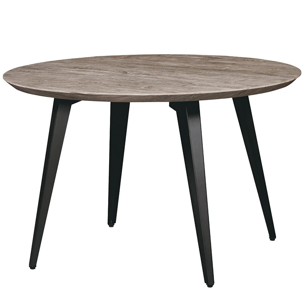 Weathered oak round wooden top modern dining table by Leisure Mod