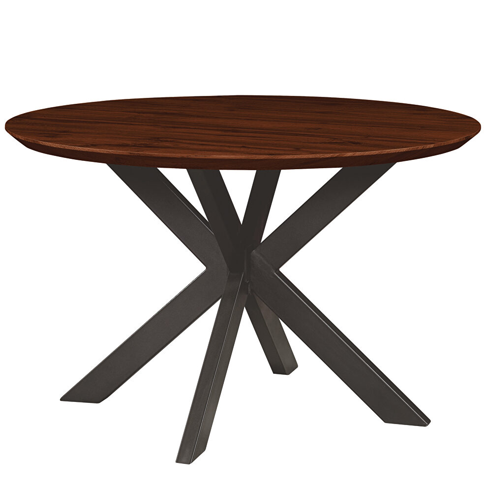 Dark walnut round wooden top and metal base dining table by Leisure Mod