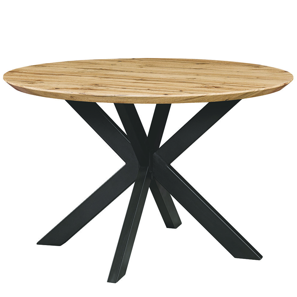 Natural wood round wooden top and metal base dining table by Leisure Mod