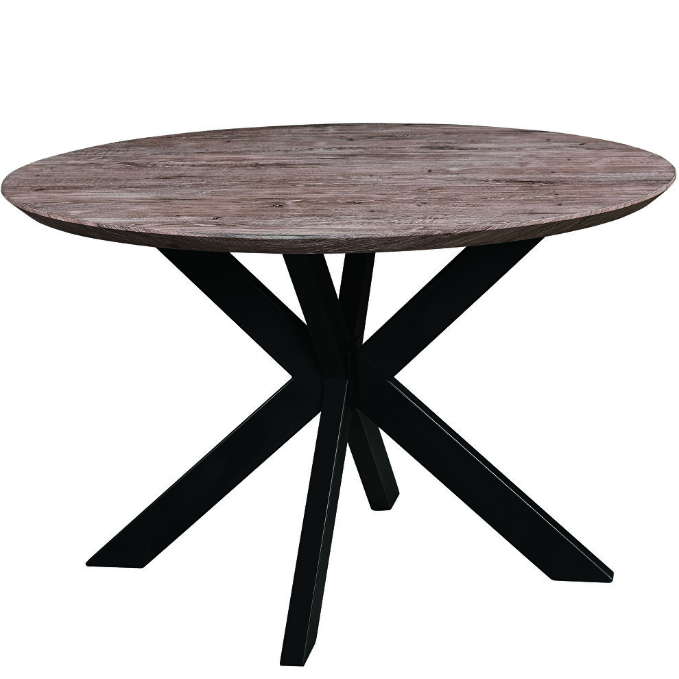 Rustic gray round wooden top and metal base dining table by Leisure Mod