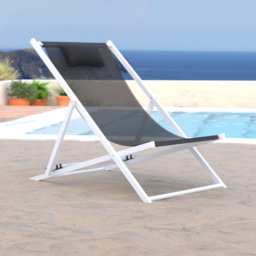 Black finish sunset outdoor sling lounge chair with headrest cushion by Leisure Mod